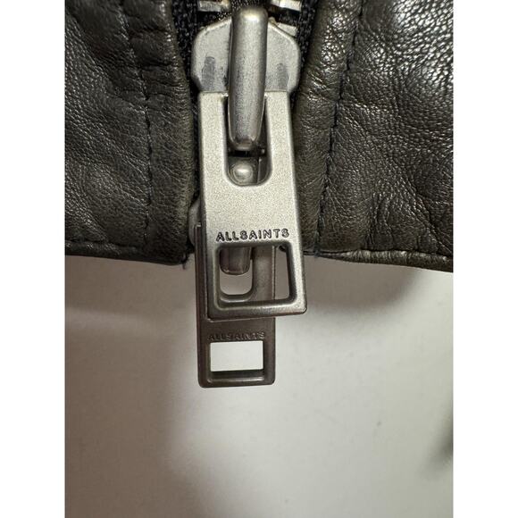 AllSaints Leather Biker Jacket Womens 4 Gray Conroy Quilted Shoulders Moto Zip - Picture 7 of 15